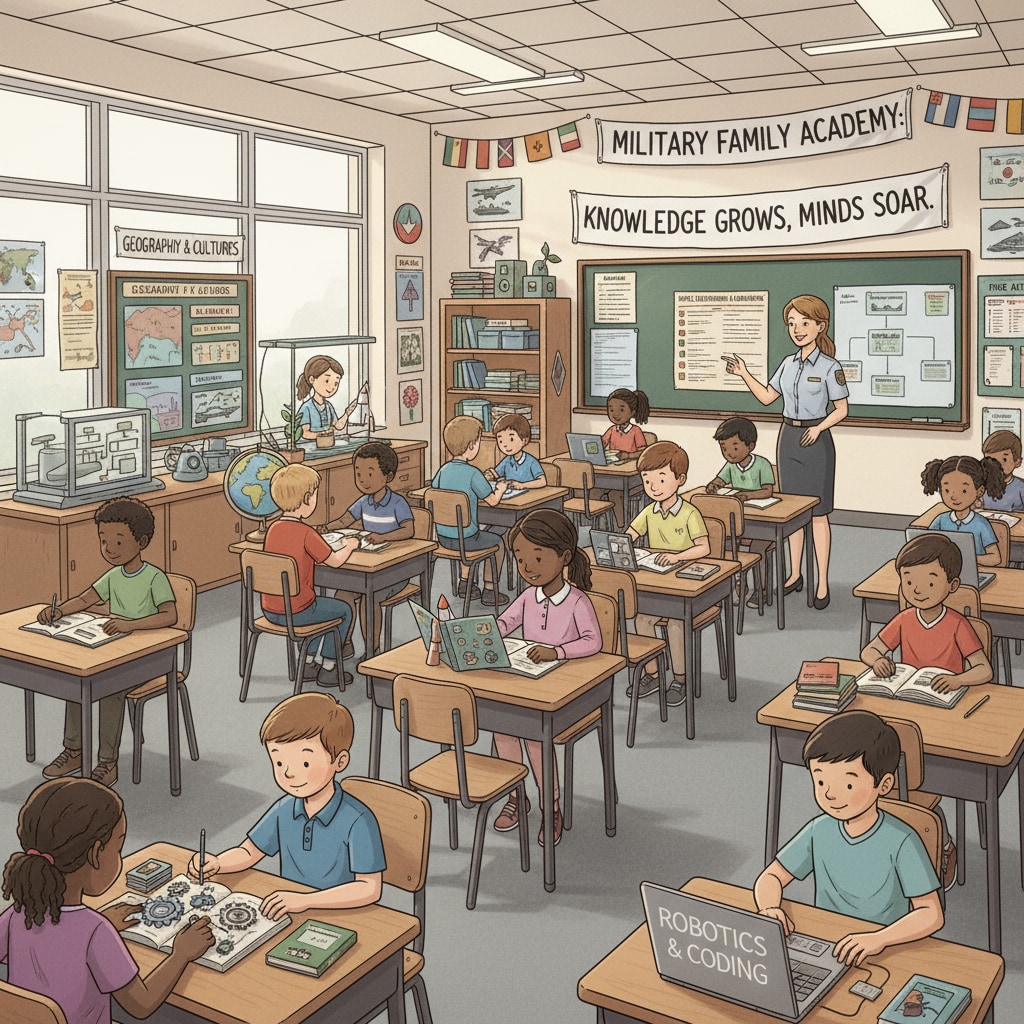 A classroom scene in a military family school where students are looking at books and materials related to diverse topics. Students in a military family school learning from diverse educational resources related to LGBTQ+, First Amendment, and Defense Department Education