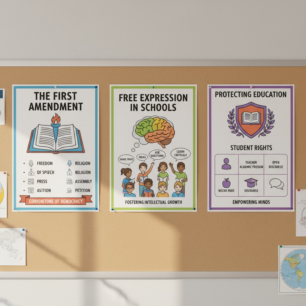 A wall in a classroom with posters about the First Amendment and its importance in education. Classroom wall with First Amendment posters relevant to LGBTQ+, First Amendment, and Defense Department Education