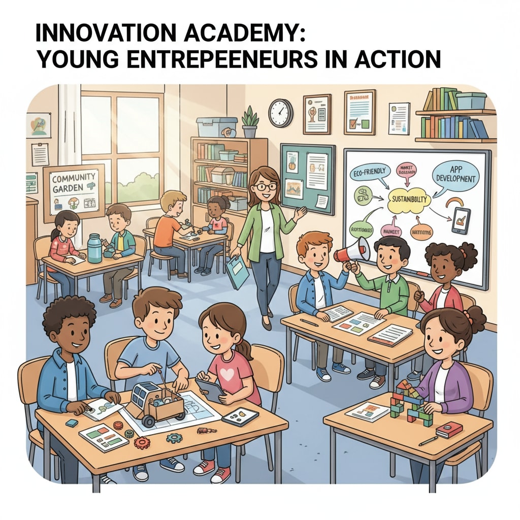 A classroom scene where students are engaged in hands-on entrepreneurial projects, collaborating, and brainstorming ideas. Students engaged in hands-on entrepreneurial projects in a K-12 classroom