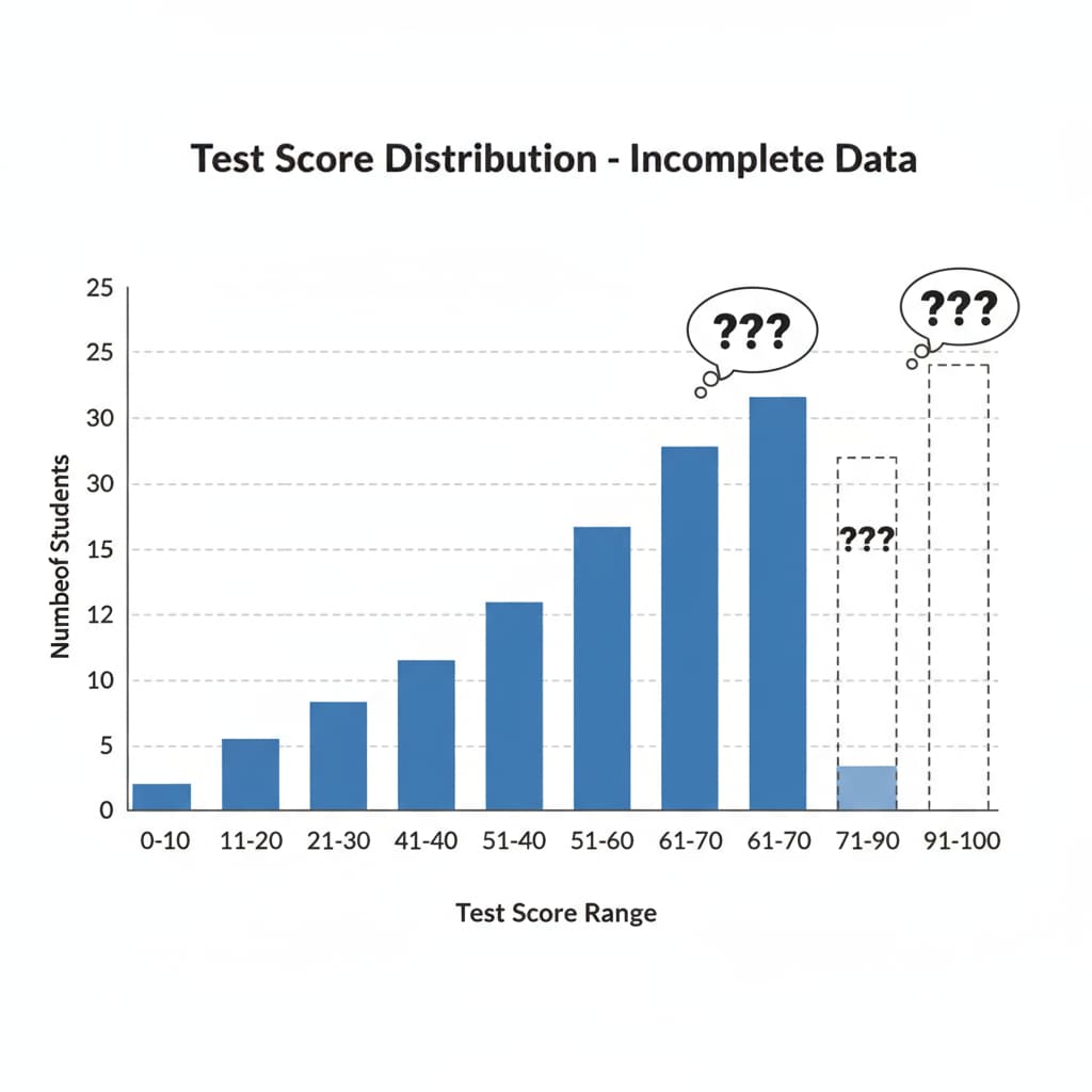 A graph showing the distribution of test scores with some uncompleted data points standing out Graph of test score distribution with hidden outliers