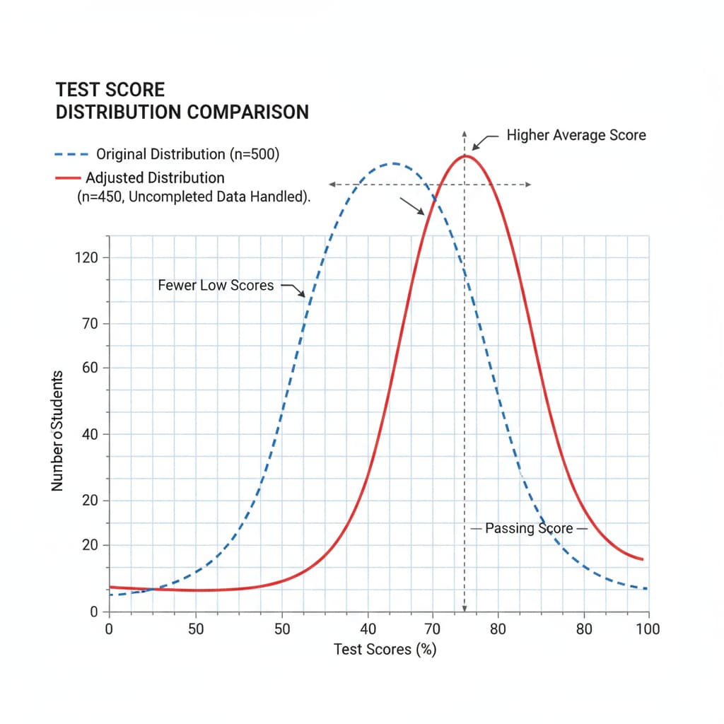 A chart comparing the original test score distribution with the adjusted distribution after handling the uncompleted data Chart comparing original and adjusted test score distributions