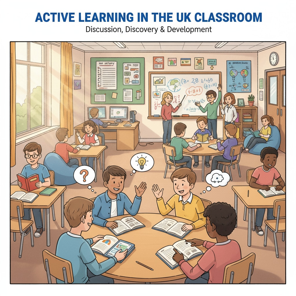A group of students are engaged in discussions and studies in a UK classroom, showing an active learning environment. Students studying in the UK education system, related to returning to education after dropping out