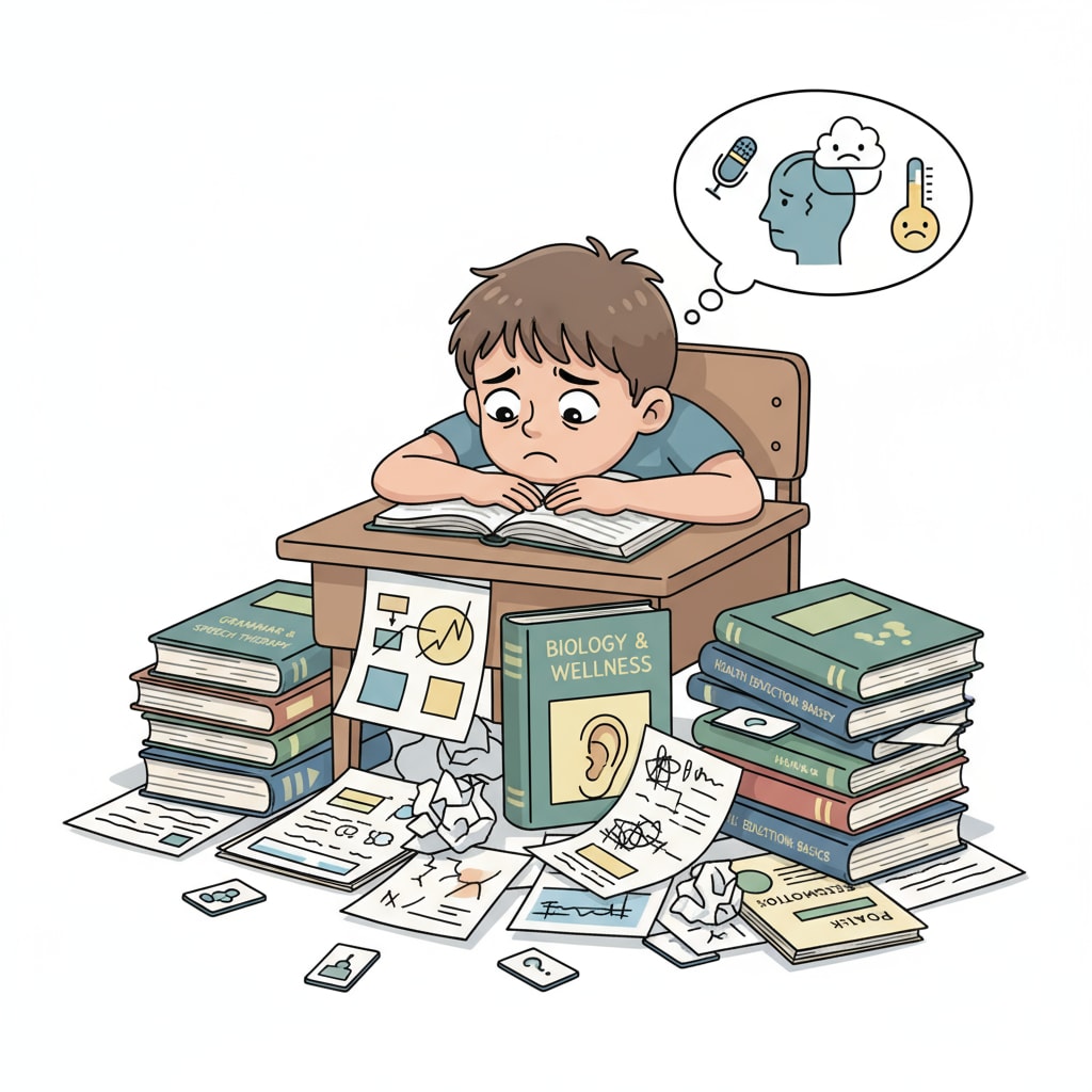 A student is sitting at a desk, looking worried, with books and papers around, symbolizing the stress caused by language and health issues in the context of education. Student facing challenges of language and health in the UK education system, relevant to dropping out and returning