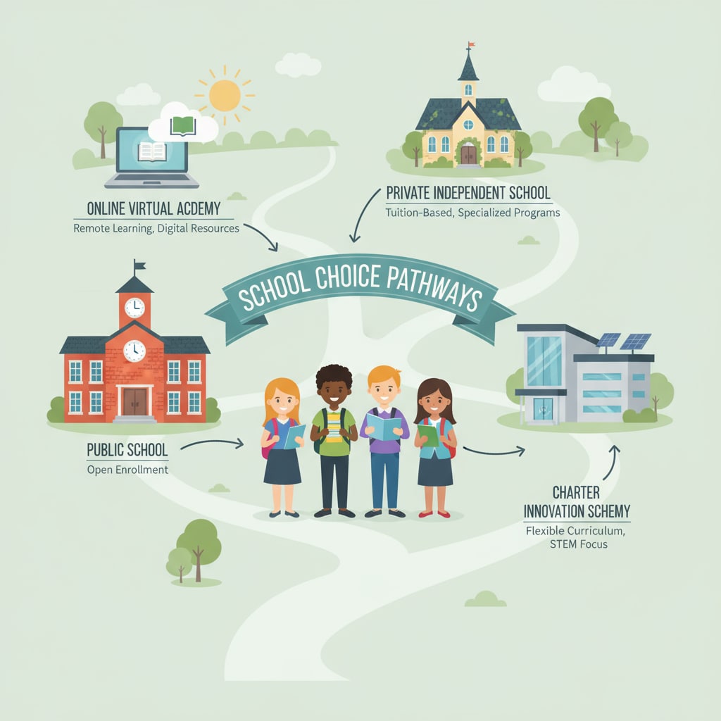 A visual representation of students having the option to enter different types of schools, symbolizing school choice. School choice options for students from a conservative education policy perspective