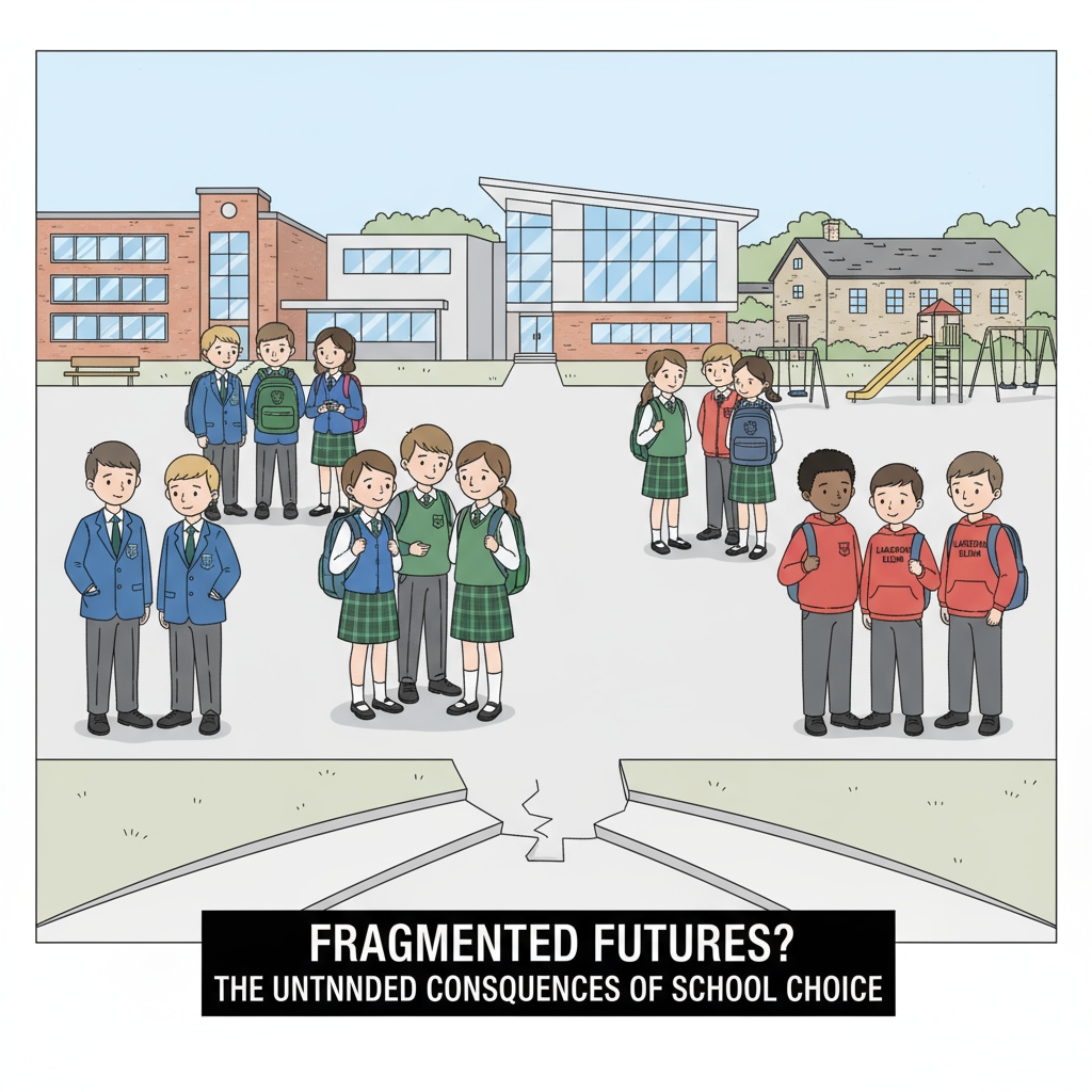 Children from different schools not engaging with each other, highlighting the potential negative impact on community cohesion in the context of school choice. Impact of school choice on community cohesion in conservative education policy views