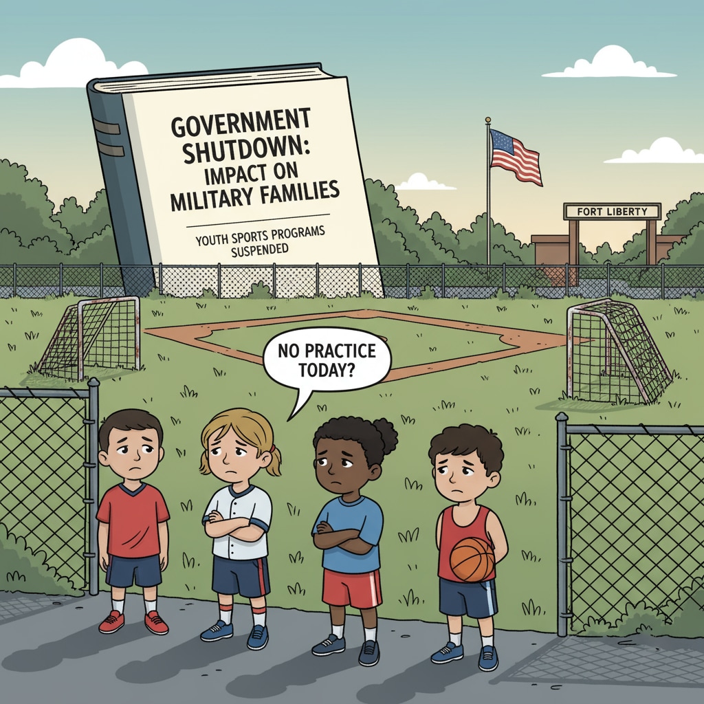A group of military children looking disappointed as they stand near an empty sports field, indicating the impact of the government shutdown on their sports activities. Military children disappointed due to government shutdown of sports in DODEA schools