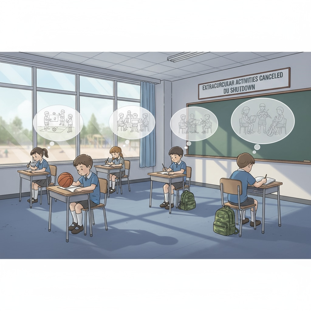 Military children sitting alone in a classroom during what would have been an extracurricular activity time, highlighting the loss of social opportunities because of the shutdown. Military children missing out on extracurricular social time due to government shutdown in DODEA schools