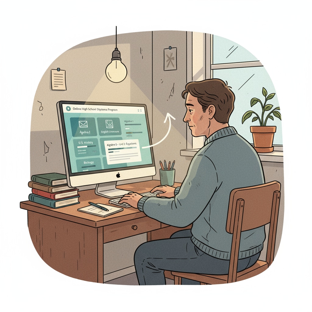 An illustration depicts a low-income adult sitting at a desk, looking intently at a computer screen displaying an online high school course interface, symbolizing their hope for educational revival. A low-income adult looking at an online high school course on a computer screen