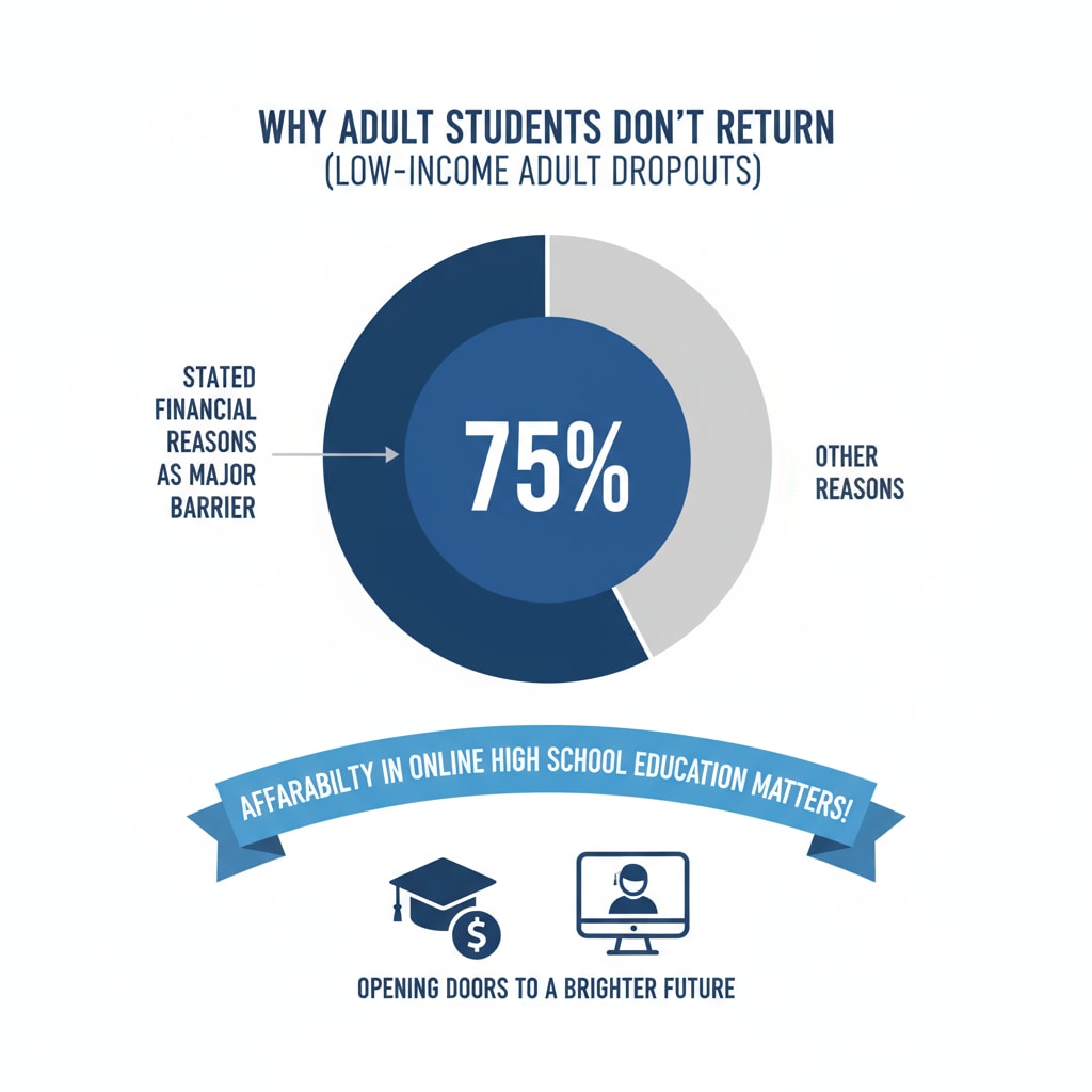 A graph visually represents the percentage of low-income adult dropouts who cited financial reasons as a major obstacle preventing them from returning to school, highlighting the significance of affordability in online high school education. Graph showing financial reasons for low-income adult dropouts not returning to school