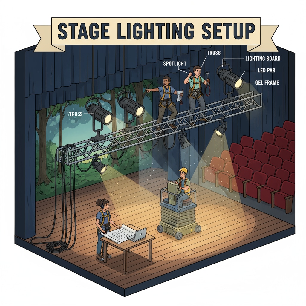 A group of technicians are in a school theater, carefully adjusting the lighting equipment to create the perfect atmosphere for an upcoming student performance. School district technical team members adjusting lighting for a student performance in the theater