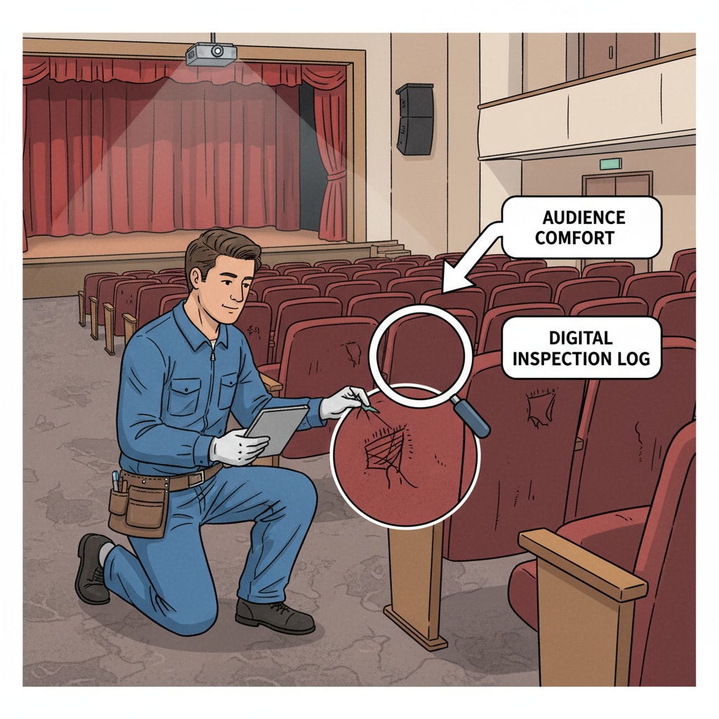 A single technician is seen inspecting the seats in a school theater, checking for any signs of wear and tear to ensure the comfort and safety of the audience during performances. Technician inspecting theater seats as part of school district theater maintenance