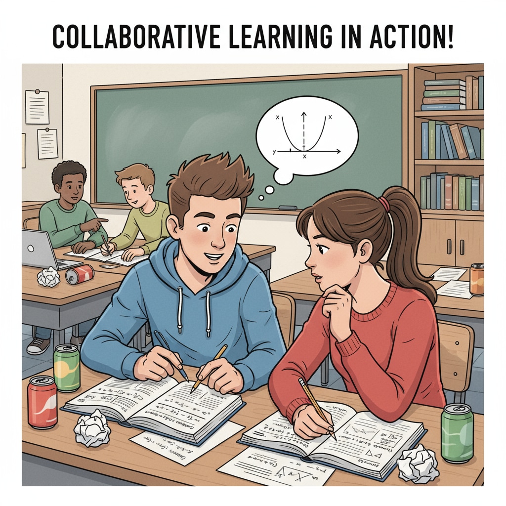 Students are engaged in peer teaching and collaborative homework, with one student explaining a concept to another. Students participating in peer teaching and collaborative homework for enhanced learning