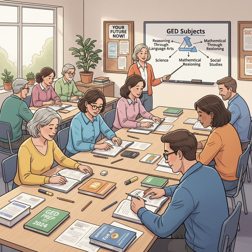 A classroom scene where students are focused on preparing for their GED exams, with books and study materials on their desks. Students studying for GED exams to improve their career prospects after facing depression-related academic interruptions