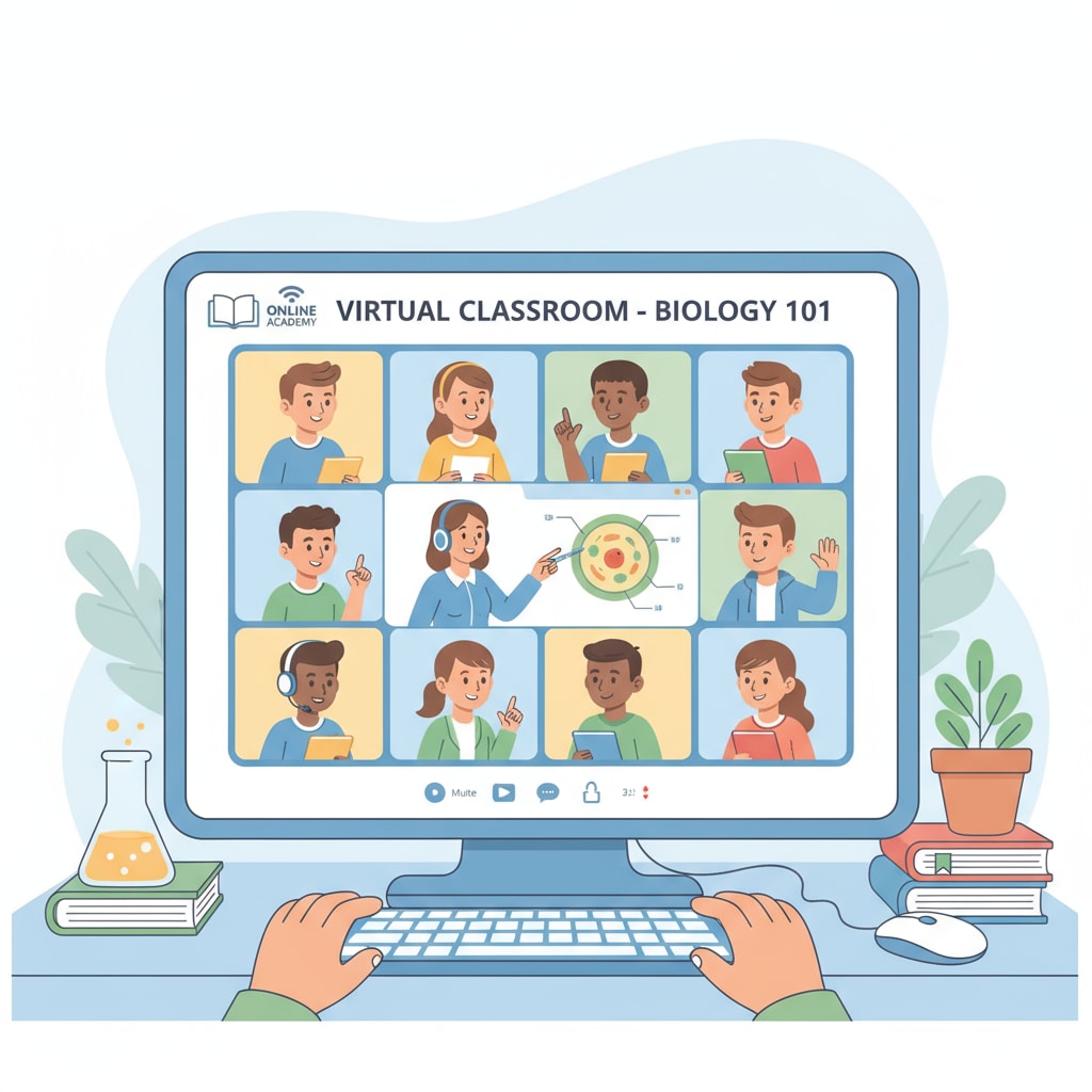 A group of students are seen attending an online high school class, with their faces visible on the screen, engaged in learning activities. Online high school class for students seeking diploma and career security
