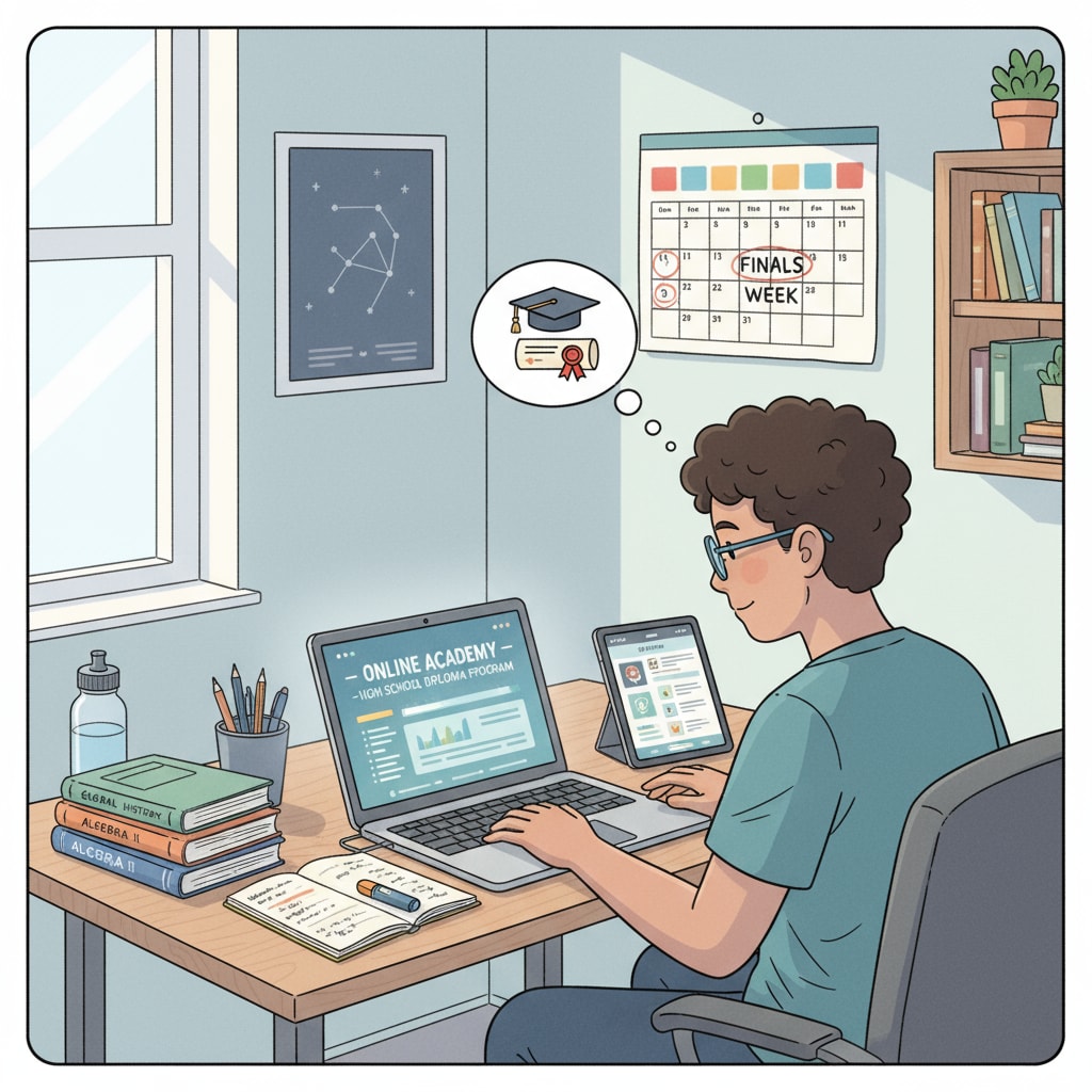 An individual is sitting at a desk, studying on a laptop, with various study materials nearby, representing online learning for high school completion. Person studying online to obtain high school diploma and secure career