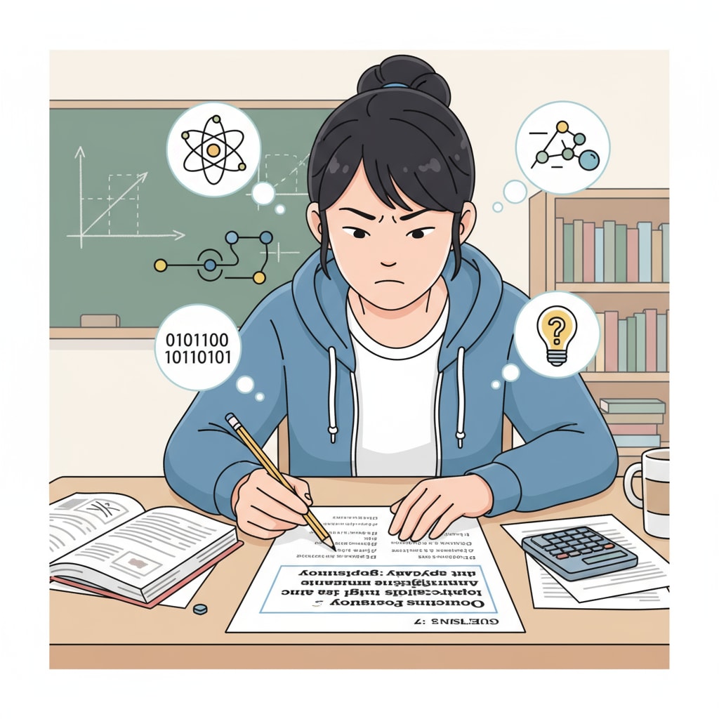A student engaged in analyzing an exam question to understand theoretical concepts. Student using practical learning method for theoretical knowledge