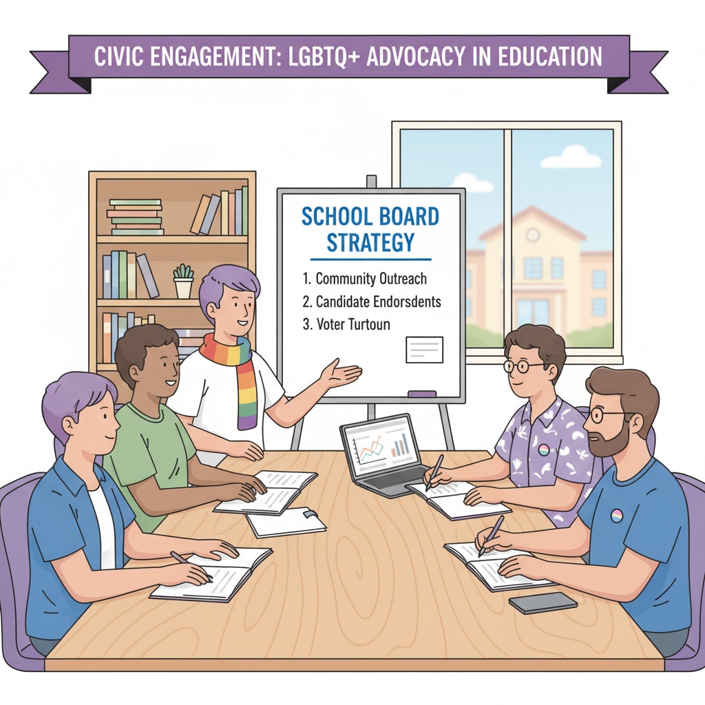 A group of LGBTQ+ community members sitting around a table, discussing strategies for school board elections. LGBTQ+ community members planning for school board elections to counter far - right influence