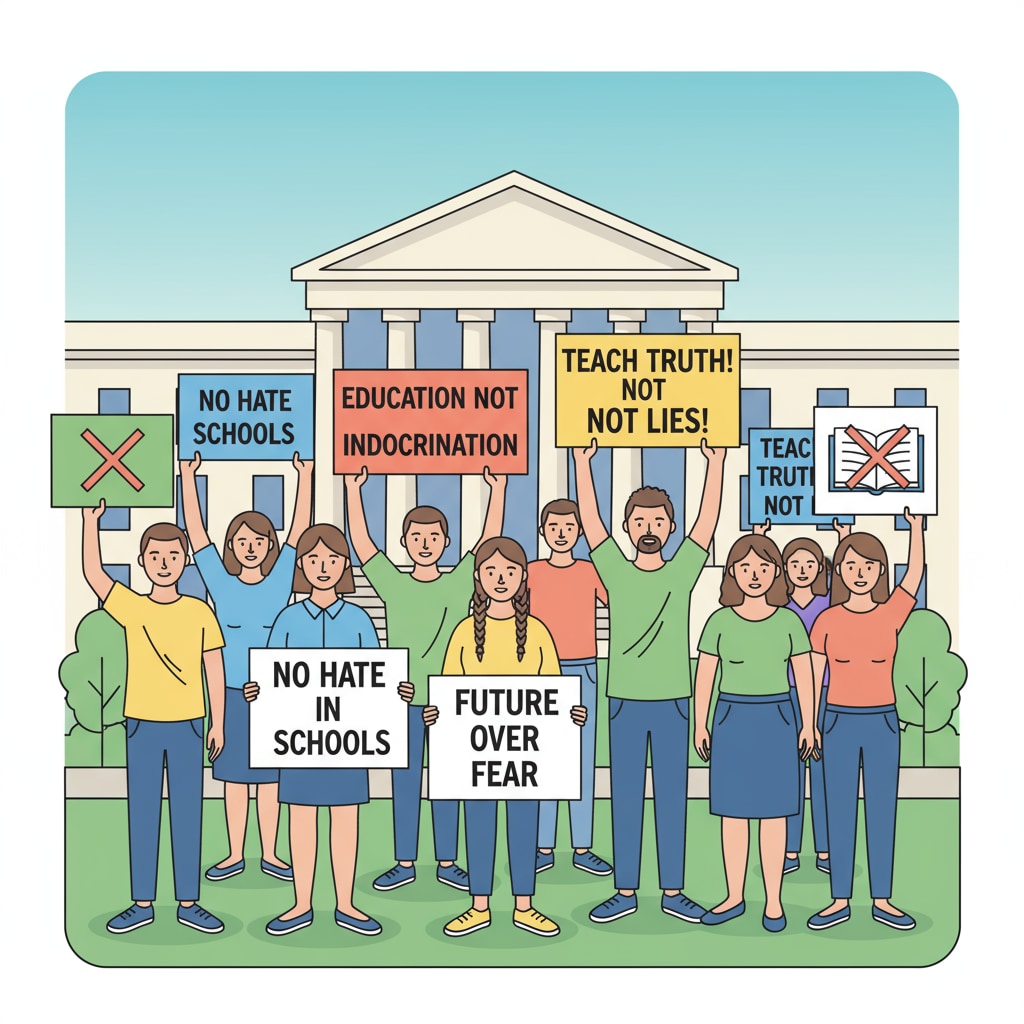 A group of protesters holding signs with messages against far - right education policies. Protesters opposing far - right interference in K12 education