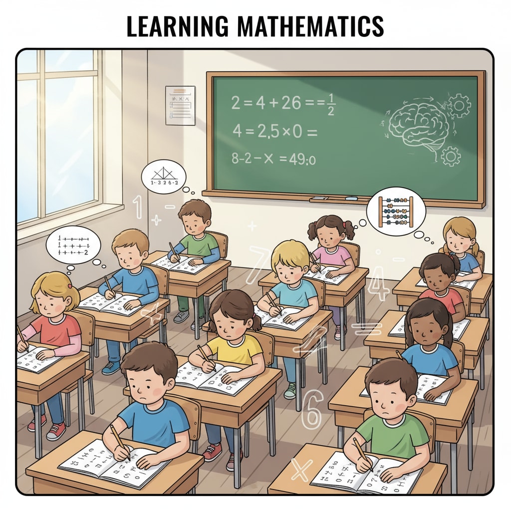 A group of children are sitting at desks, concentrating on math problems written on paper, which reflects the situation of children learning math. Children learning math with potential difficulties