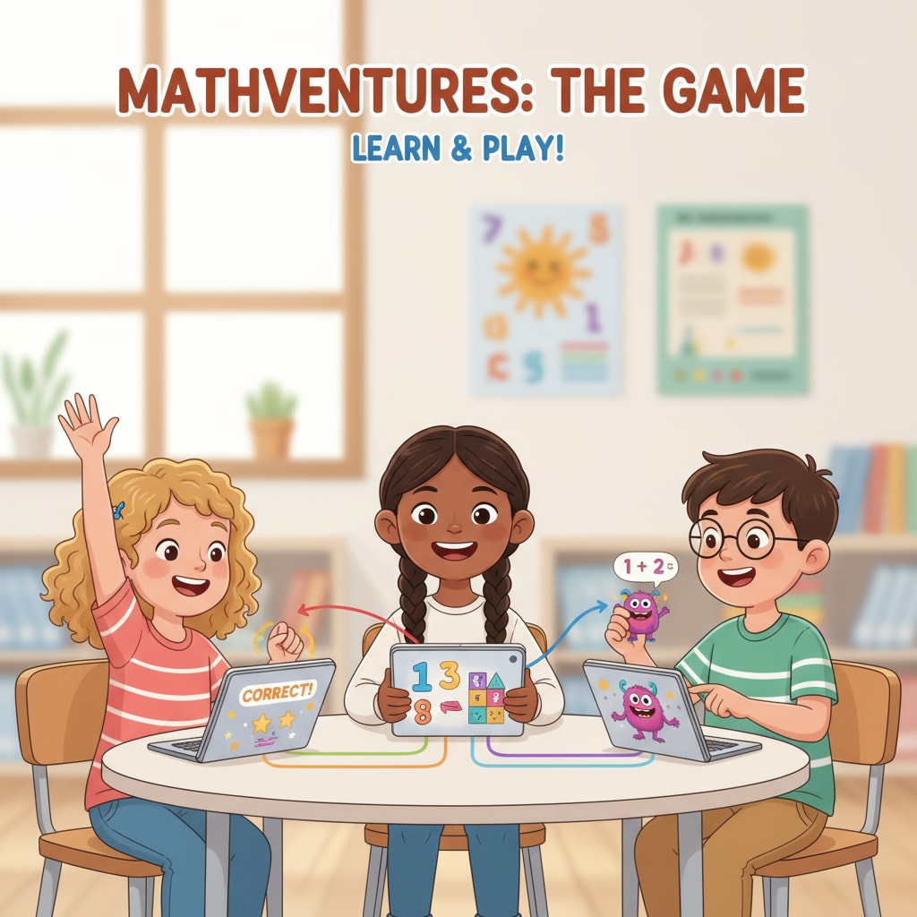 Children are happily playing a math learning game on tablets, showing an engaging way of learning math. Children engaged in a math learning program to overcome difficulties