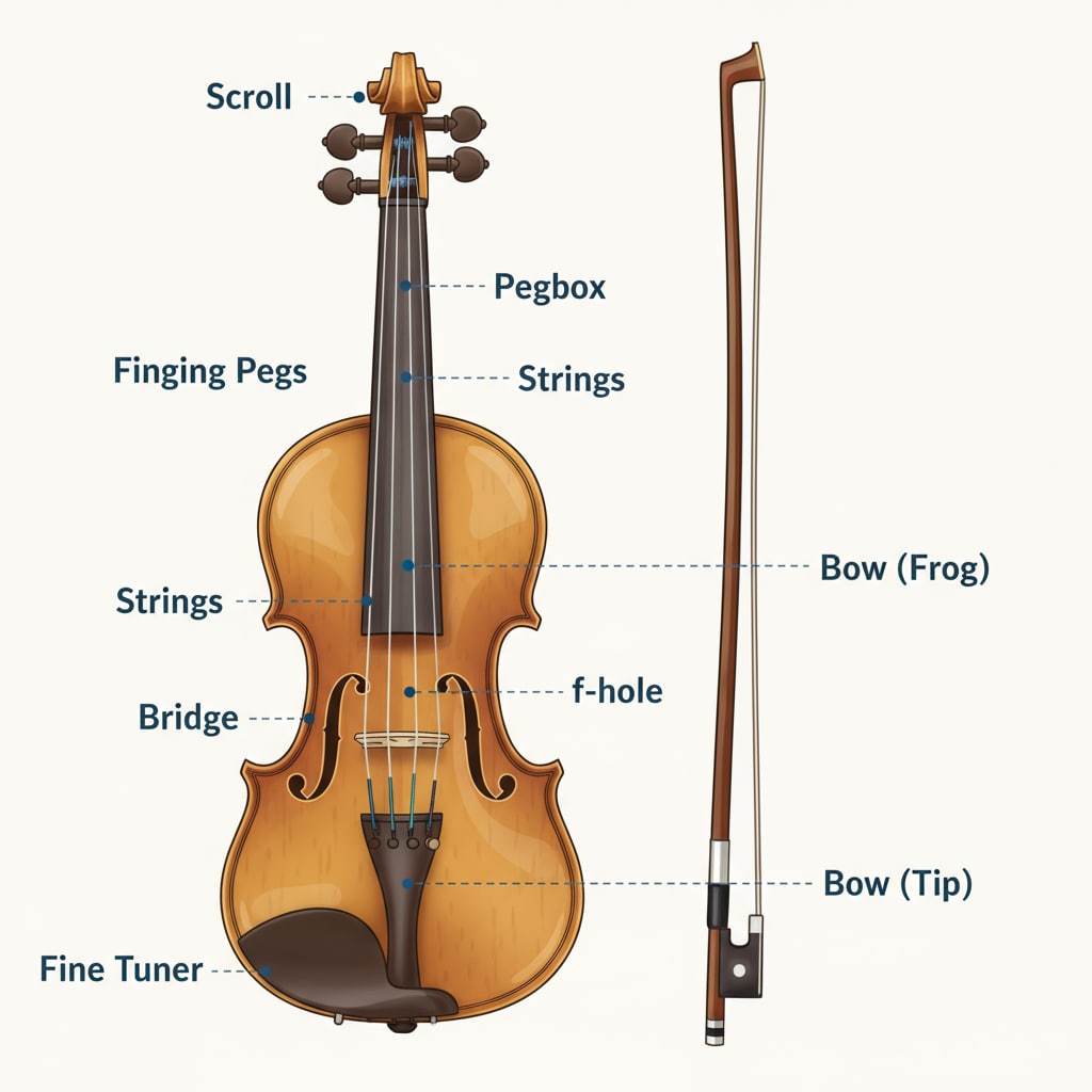 A close-up view of a violin, showing its intricately designed body, strings, and the bow placed beside it. A close-up of the violin whose sound caused the misunderstanding.