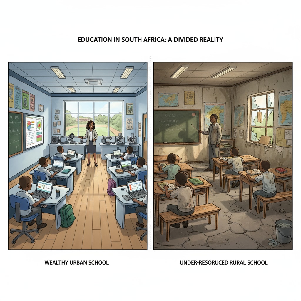 A side - by - side comparison showing a modern, well - equipped classroom in a wealthy South African school and a shabby, under - resourced classroom in a poor school. Comparison of educational resources in wealthy and poor South African schools highlighting education inequality and the need for reform