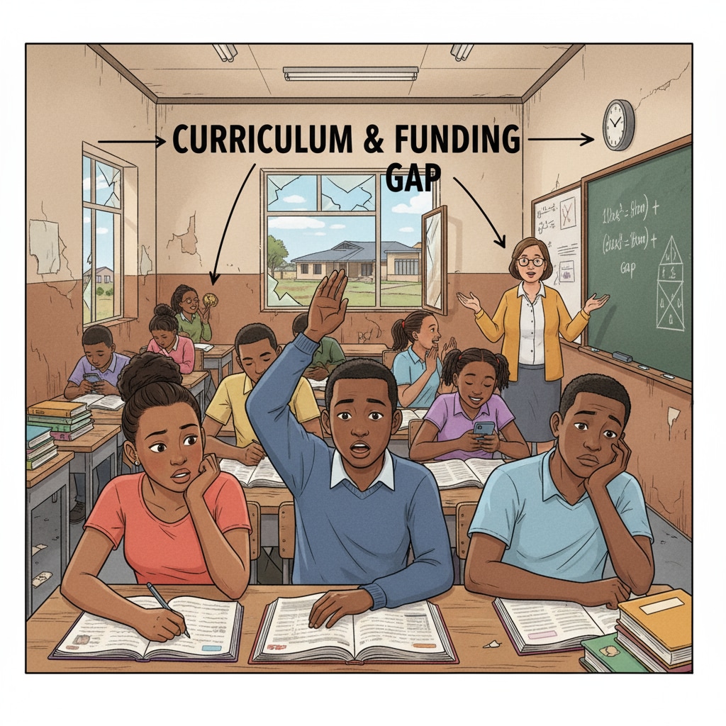 A group of South African students sitting in a classroom, some looking engaged while others seem disinterested, symbolizing the different educational experiences due to curriculum and funding issues. South African students in a classroom depicting the impact of curriculum and funding on education inequality and the need for reform
