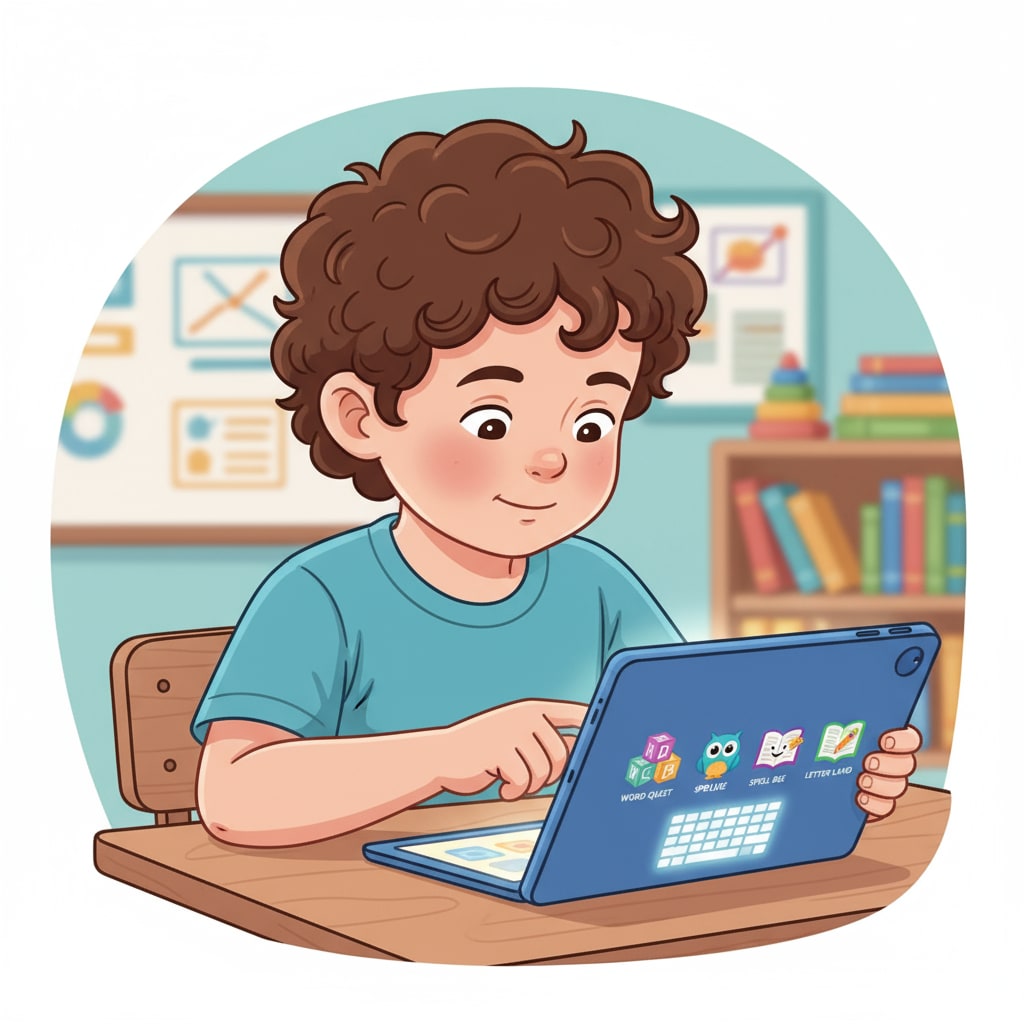 A child is intently using a tablet with various spelling learning apps displayed on the screen. A child using spelling learning apps for ADHD