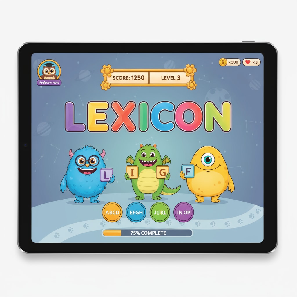 A screenshot of a vibrant spelling app with game elements such as colorful characters and scoreboards. Screenshot of a spelling learning app for ADHD children