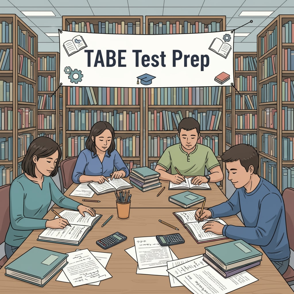 A group of young people are sitting at library desks, surrounded by books and papers, focused on studying for the TABE test. Young people studying for the TABE test to enter EMT courses and pursue a firefighter career
