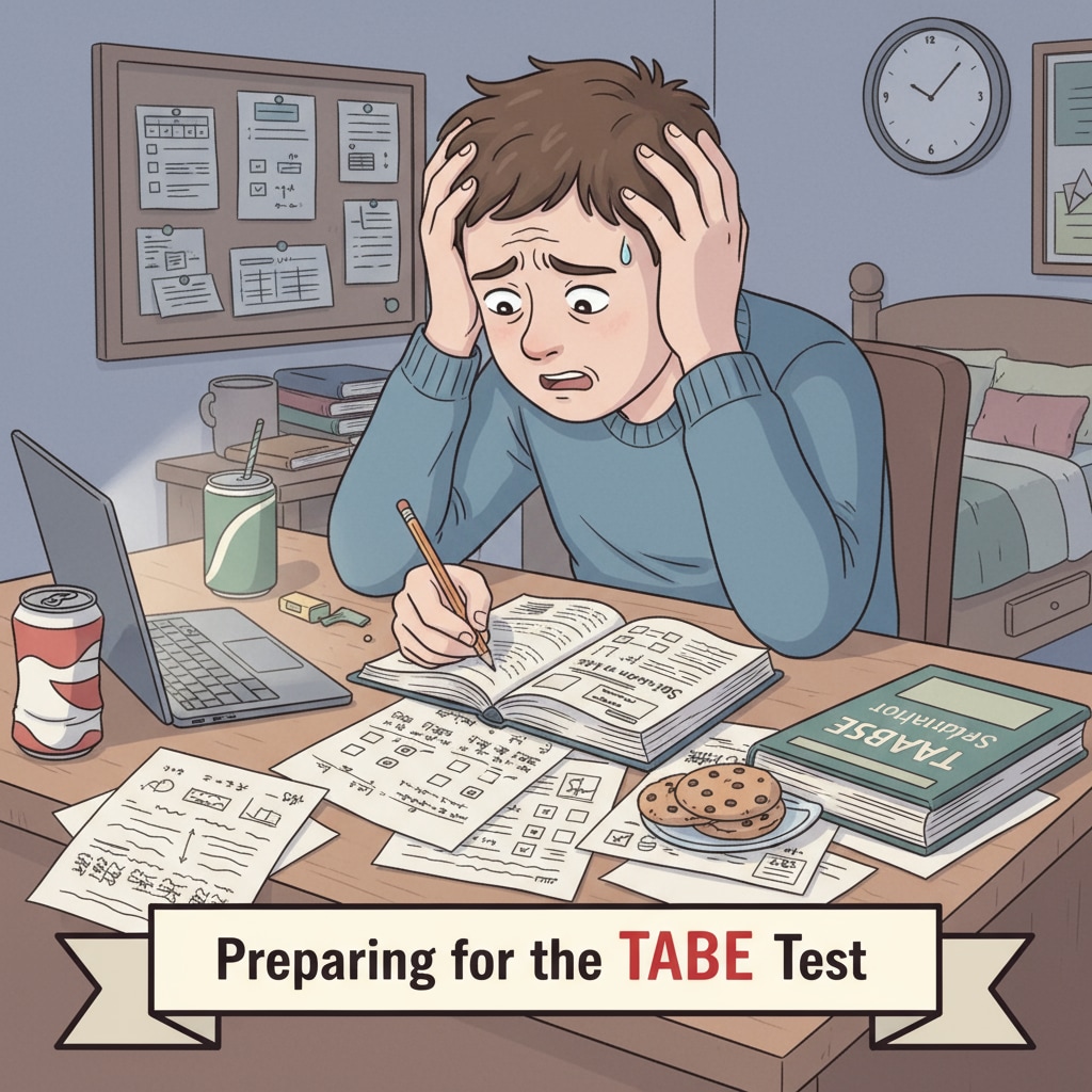 A student is sitting at a desk, looking worried, with textbooks and papers scattered in front, clearly stressed while preparing for the TABE test. A stressed student studying for the TABE test relevant to the EMT course and firefighter career