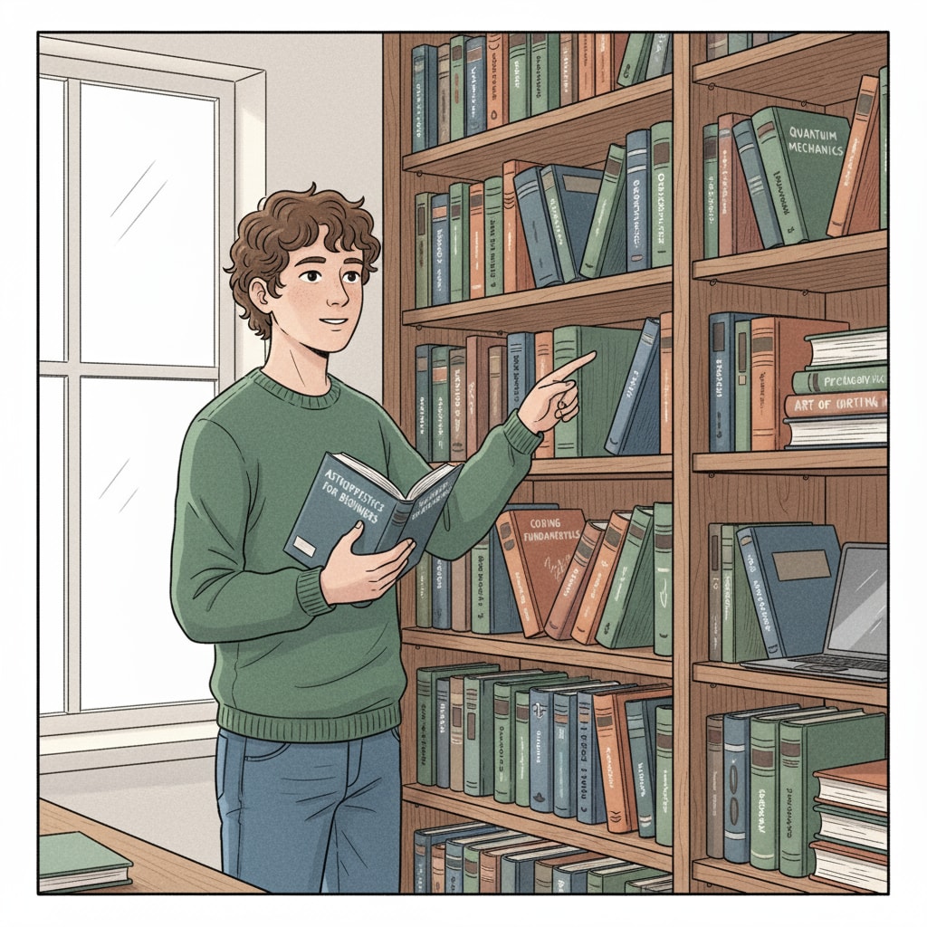 A teenager is standing in front of a bookshelf filled with various self-study books, looking at the titles. Teenager exploring self-study books for GCSE courses