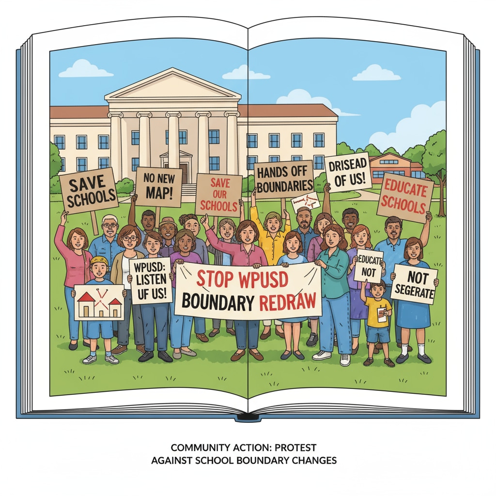 People are holding signs during a petition event related to opposing the WPUSD school boundary redrawing proposal, showing their dissatisfaction and determination. People protesting against the WPUSD school boundary redrawing proposal