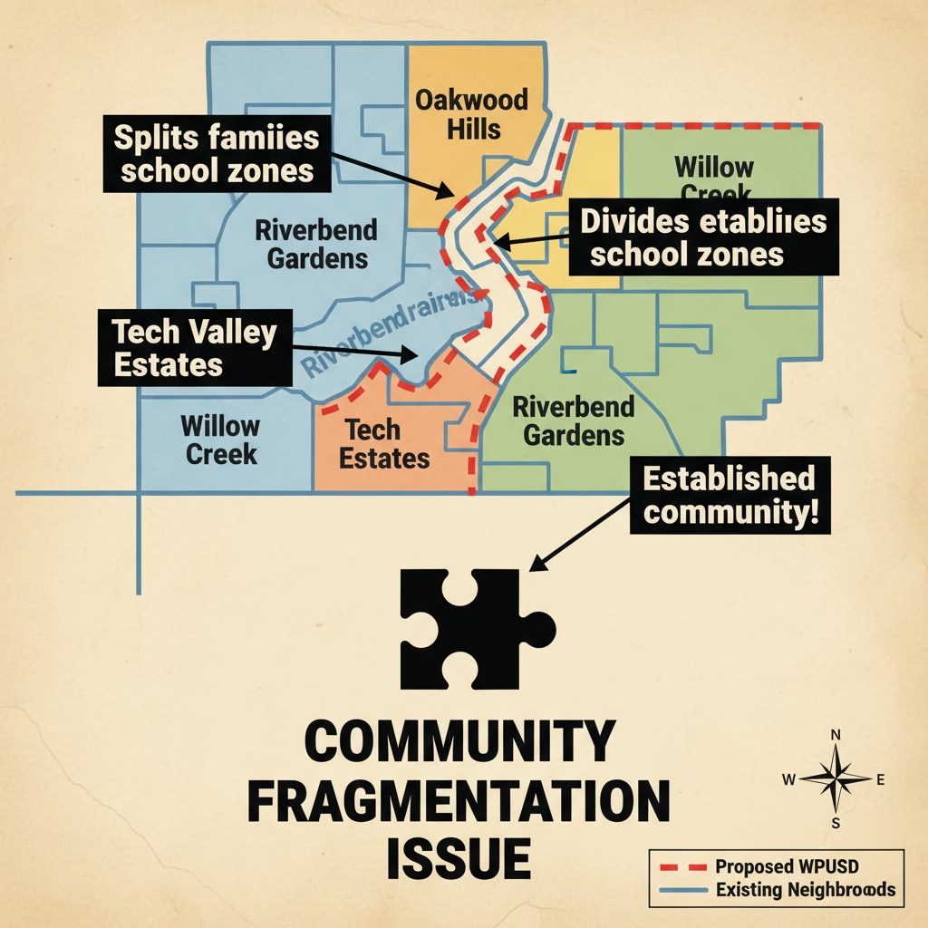 A map depicts the potential new boundaries of the WPUSD and how they divide existing neighborhoods, highlighting the issue of community fragmentation. Map showing the new boundaries of WPUSD and neighborhood division