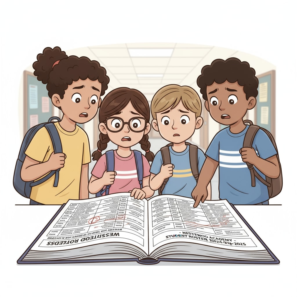 A group of children are looking at a school directory with worried expressions on their faces. Children from divorced families affected by school directory privacy breach