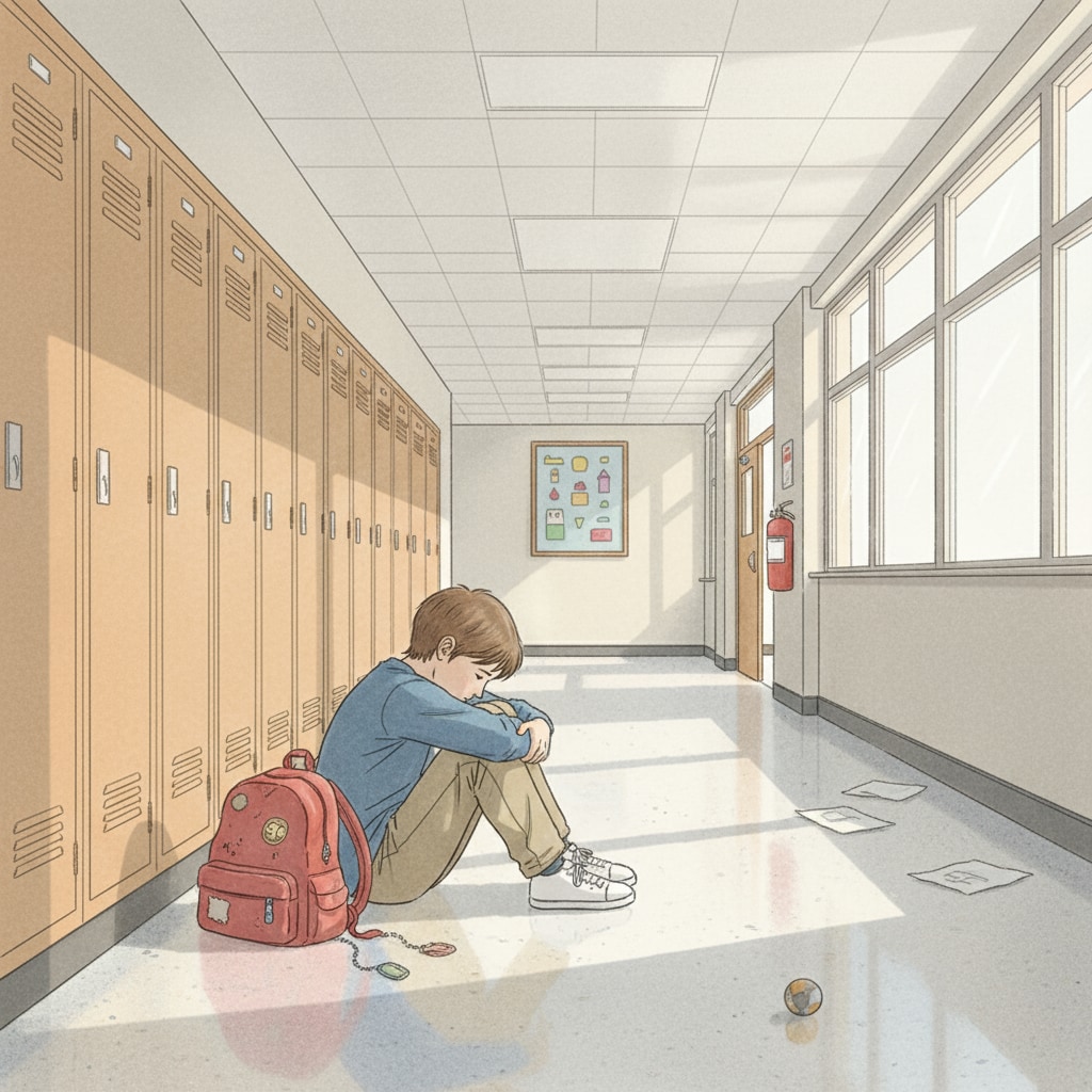 A single child is sitting alone in a school corridor, looking sad. A child from a divorced family suffering due to privacy leak