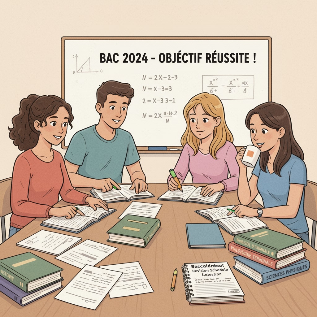 High school students are sitting at a table, surrounded by textbooks and planners, engaged in studying for the baccalauréat. High school students studying for baccalauréat with time management tools