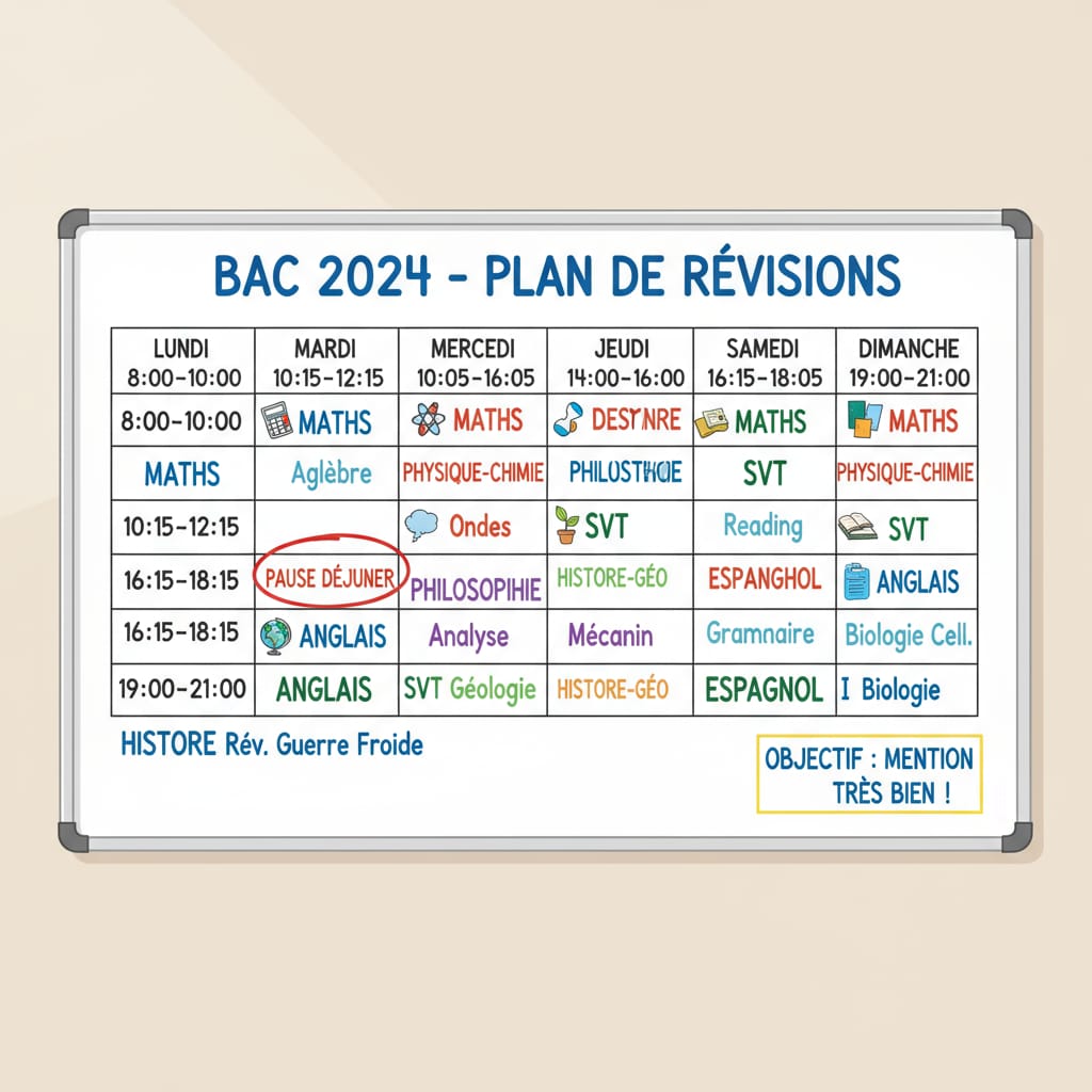A whiteboard displays a detailed study schedule for baccalauréat preparation, showing different subjects and the allocated time slots. Study schedule for baccalauréat preparation