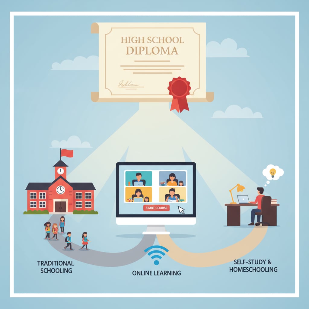 An illustration depicting different pathways such as a traditional school building, a computer screen for online learning, and a person studying alone, all leading to a high school diploma. Different pathways to obtain a high school diploma including diploma choices, GED, and various high school education methods