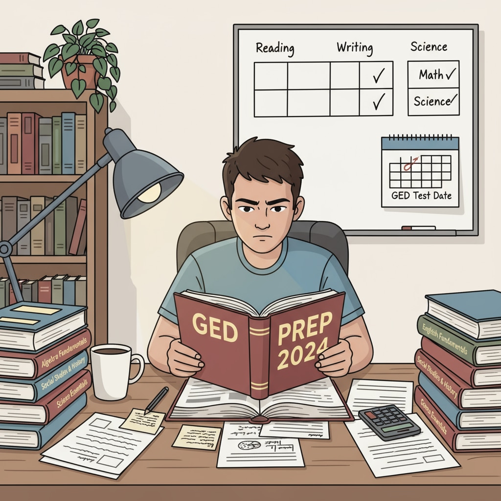 A picture of a student sitting at a desk, surrounded by books and papers, studying for the GED test. A student preparing for the GED as part of high school diploma options