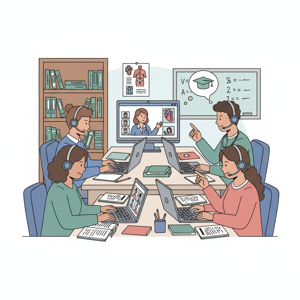 A group of students are attending an online nursing class, looking focused and engaged. Online students attending a nursing class without SAT/ACT requirements