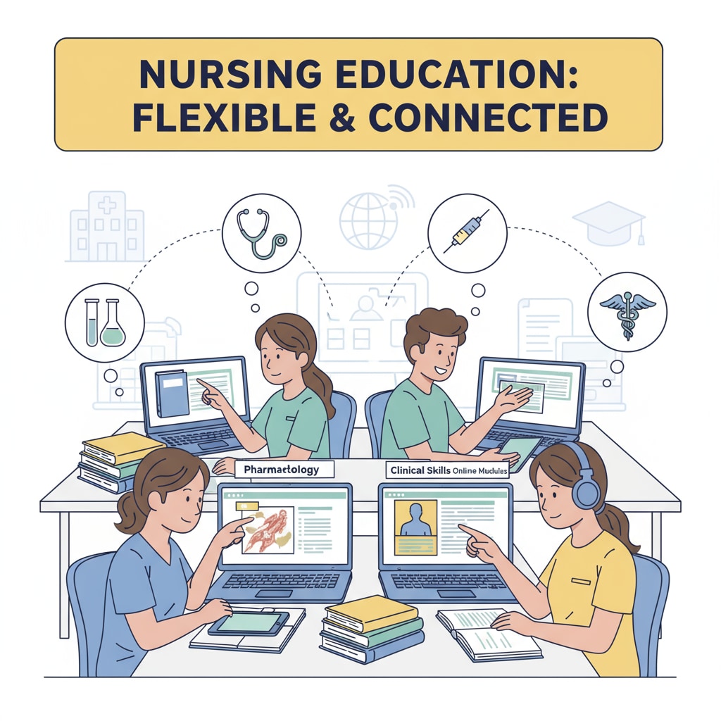 Students are studying nursing materials on their computers, highlighting the convenience of online learning. Students studying nursing online without the need for SAT/ACT