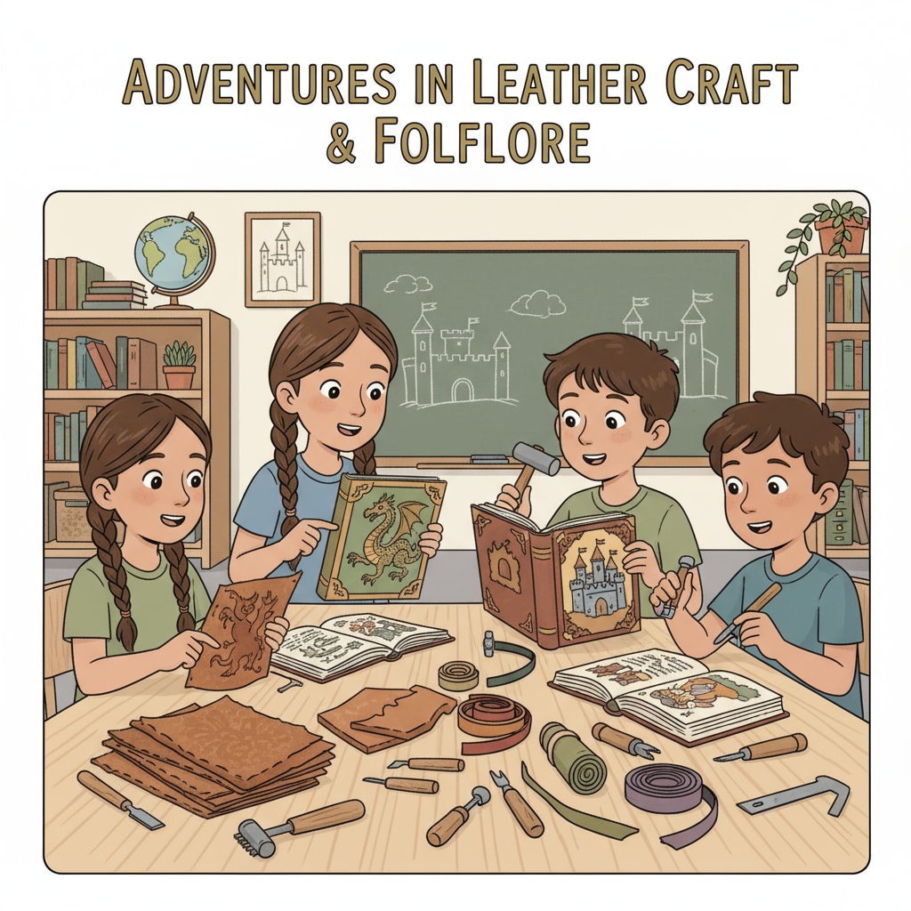 A group of children are gathered around a table. There are leather materials, tools, and fairy tale books in front of them. They are looking at these items with curious eyes, ready to start an exciting journey of learning about leather through fairy tales. Children exploring leather materials inspired by fairy tales