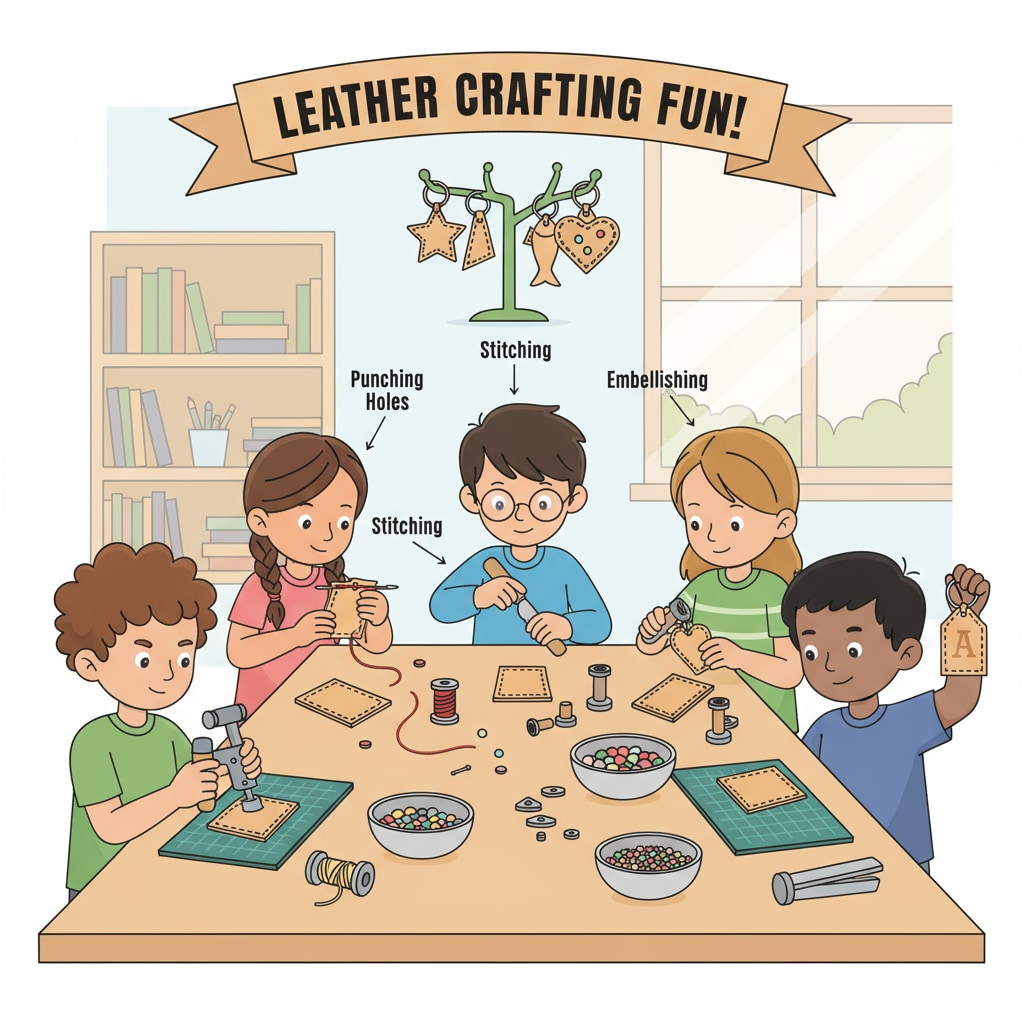 A group of children are sitting at a table, each working on a leather keychain project. They are concentrating on cutting, stitching, and adding decorations to their leather pieces, showing their enthusiasm for leather crafting. Children engaged in leather keychain making inspired by the shoemaker elf fairy tale