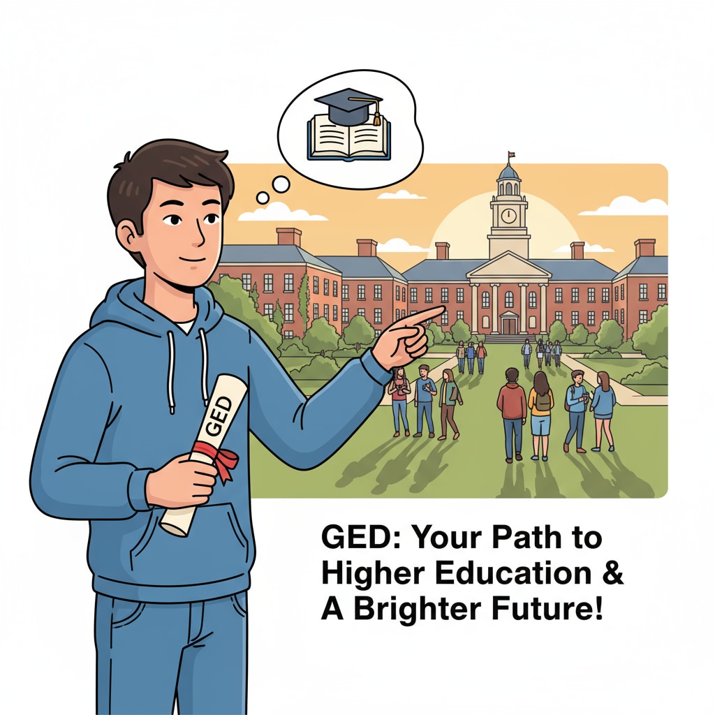 A student is holding a GED certificate and looking at a four-year college campus in the distance, showing hope and determination. A GED holder looking towards a four-year college, representing enrollment eligibility.