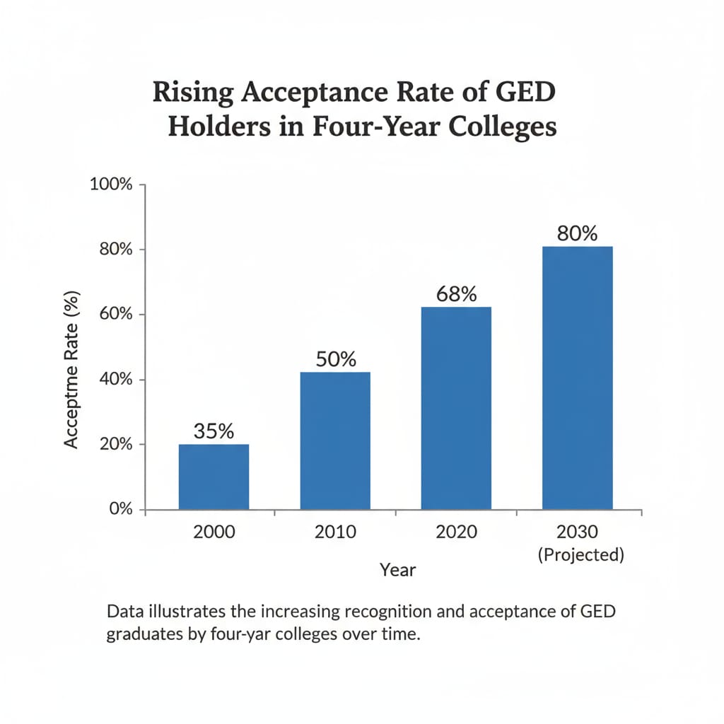 A bar graph presenting the rising acceptance rate of GED holders in four-year colleges across different years, indicating the changing landscape of college admissions for GED graduates. Graph showing the increasing acceptance rate of GED holders in four-year colleges related to enrollment opportunities.