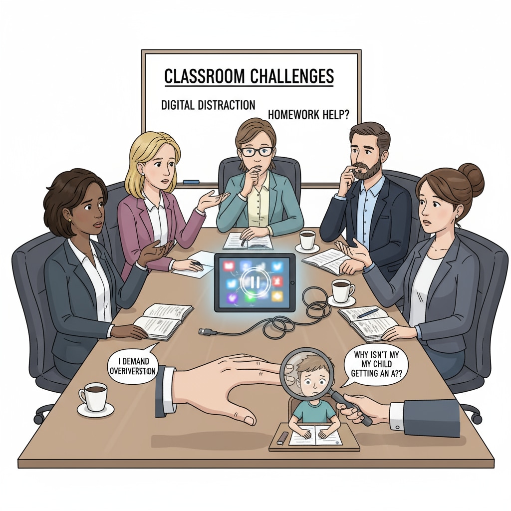 A group of teachers are sitting around a table, engaged in a serious discussion about the problems they encounter in the classroom, such as technology abuse and parental overintervention. Teachers discussing challenges like technology abuse and parental overintervention in public education