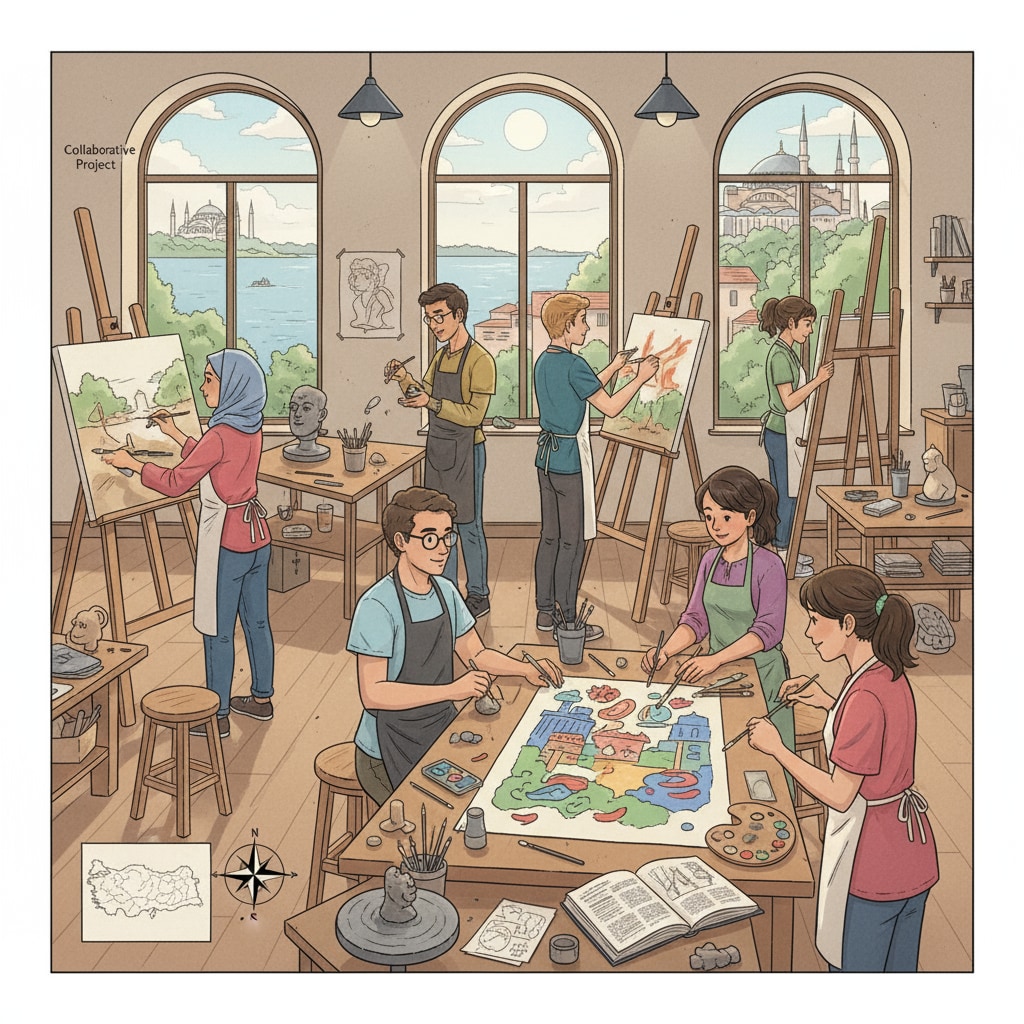 A diverse group of students in an art studio in Turkey, collaborating and creating artworks Indian artists studying in a Turkish art studio through English - taught programs
