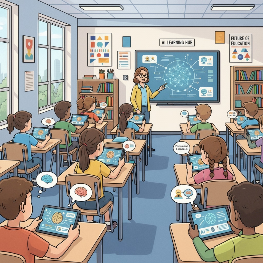 Students are seen in a modern classroom, interacting with AI learning materials on their tablets. Students learning about AI in a modern classroom setting related to AI courses, prompt engineering, and educational development