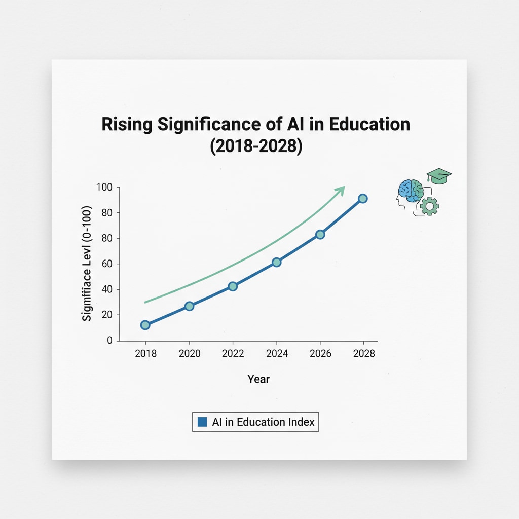 A line graph depicts the rising significance of AI in education over a period of years. A graph showing the increasing importance of AI in education over the years related to AI courses, prompt engineering, and educational development